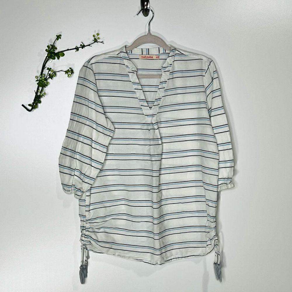 Fresh Produce White Blue Black Stripe Cotton Tunic Top Shirt